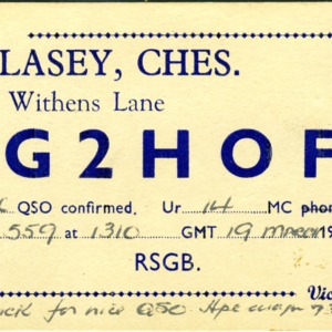 QSL Card from G2HOF, Wallasey, England, to W4ATC, NC State Student Amateur Radio
