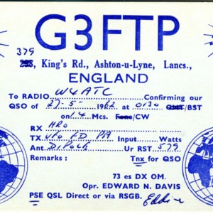 QSL Card from G3FTP, Ashton-u-Lyne, England, to W4ATC, NC State Student Amateur Radio