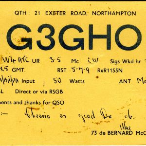 QSL Card from G3GHO, Northampton, England, to W4ATC, NC State Student Amateur Radio