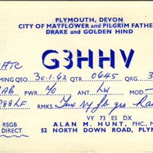 QSL Card from G3HHV, Plymouth, England, to W4ATC, NC State Student Amateur Radio