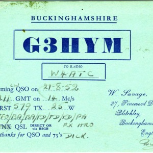 QSL Card from G3HYM, Bletchley, England, to W4ATC, NC State Student Amateur Radio