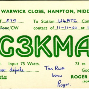 QSL Card from G3KMA, Warwick Close, England, to W4ATC, NC State Student Amateur Radio