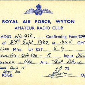 QSL Card from G3MMH, Wyton, England, to W4ATC, NC State Student Amateur Radio