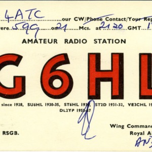 QSL Card from G6HL, Andover, England, to W4ATC, NC State Student Amateur Radio