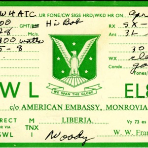 QSL Card from ISWL EL8D, Monrovia, Liberia, to W4ATC, NC State Student Amateur Radio