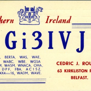 QSL Card from Gi3IVJ, Belfast, Northern Ireland, to W4ATC, NC State Student Amateur Radio