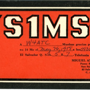 QSL Card from YS1MS, Paseo Escalon, El Salvador, to W4ATC, NC State Student Amateur Radio