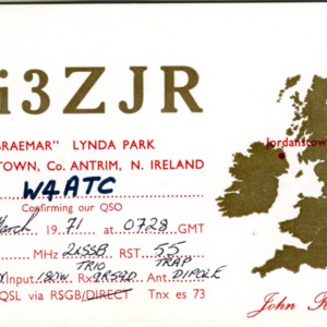 QSL Card from Gi3ZJR, Jordanstown, Northern Ireland, to W4ATC, NC State Student Amateur Radio