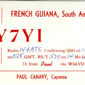 QSL Card from FY7YI, Cayenne, French Guiana, to W4ATC, NC State Student Amateur Radio