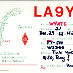 QSL Card from LA9YL, Oslo, Norway, to W4ATC, NC State Student Amateur Radio