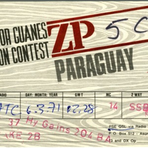 QSL Card from ZP5CF, Asuncion, Paraguay, to W4ATC, NC State Student Amateur Radio