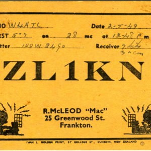 QSL Card from ZL1KN, Frankton, New Zealand, to W4ATC, NC State Student Amateur Radio