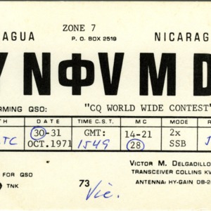 QSL Card from YN0VMD, Managua, Nicaragua, to W4ATC, NC State Student Amateur Radio