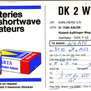 QSL Card from DK 2 WV, Aalen, Germany, to W4ATC, NC State Student Amateur Radio