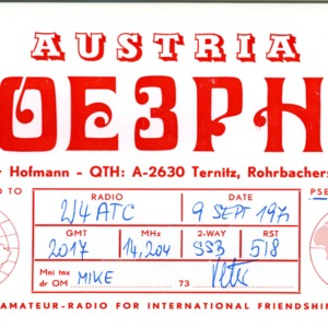 QSL Card from OE3PHA, Ternitz, Austria, to W4ATC, NC State Student Amateur Radio