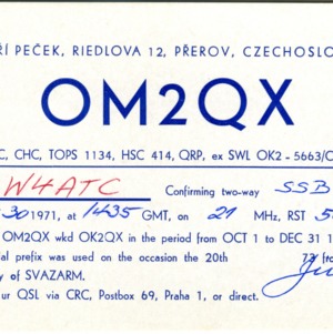 QSL Card from OM2QX, Prerov, Czechoslovakia, to W4ATC, NC State Student Amateur Radio