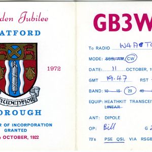 QSL Card from GB3WGJ, Watford, England, to W4ATC, NC State Student Amateur Radio