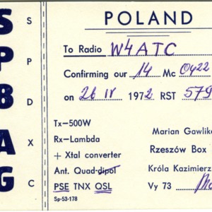 QSL Card from SP8AG, Rzeszów, Poland, to W4ATC, NC State Student Amateur Radio