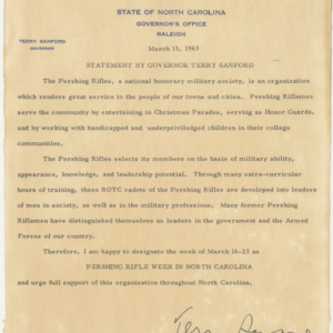 Letter from NC Governor Terry Sandford designating Pershing Rifle Week, March 13, 1963