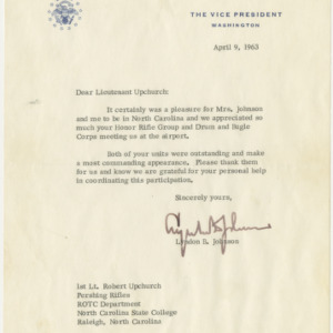 Letter from US Vice President Lyndon B. Johnson thanking Honor Rifle Group and Drum and Bugle Corps, April 9, 1963