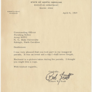 Letter from NC Governor Robert W. Scott thanking Pershing Rifles, April 8, 1969