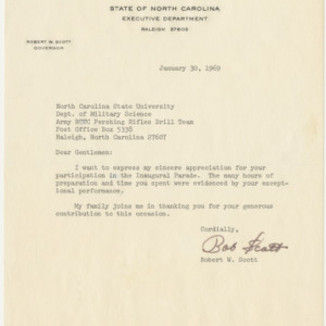 Letter from NC Governor Robert W. Scott thanking Pershing Rifles Drill Team, January 30, 1969