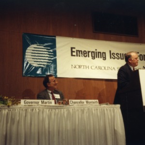 Governor James G. Martin and Chancellor Larry K. Monteith on a panel at the 1990 Emerging Issues Forum