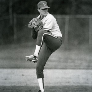 Mark Wendel pitching in a baseball game against Duke University