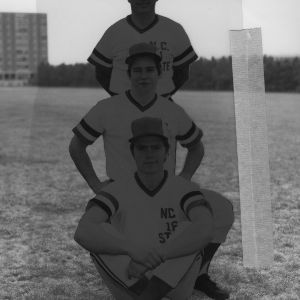 North Carolina State baseball coach Sam Esposito [top] with players Jerry Mills [center] and Ron Evans [bottom]