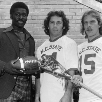 North Carolina State running back Willie Burden (left) with lacrosse players Bob Flintoff (center) and Stan Cockerton (right)