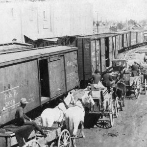 Horse-drawn carts beside train cars