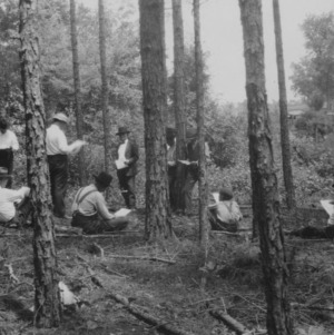 Farmers studying result of timber thinning demonstration at the farm of J.L. Trull