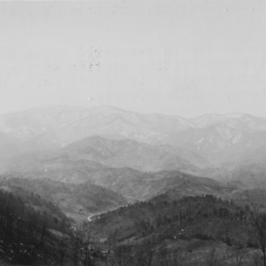 View of snow-covered Cowee Mountains from the observation station of the Log Cabin Association, in Jack's Cove, near Dillsboro, Jackson County