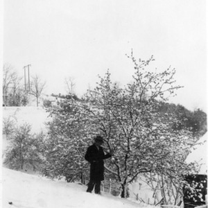 John Goodman in snow-covered orchard