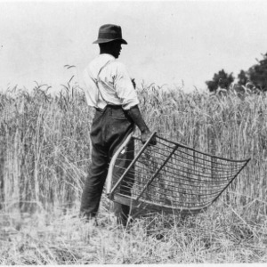 Black and white image of person staring at field while holding a piece of equipment.
