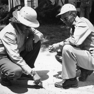 Director Don Brown, left, and Technical Adviser Richard Leslie confer in Nash County on a problem encountered during the filming of "Waves of Green"