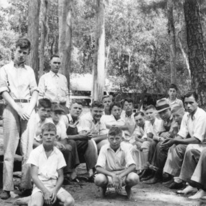 4-H Club boys from Martin and Edgecombe Counties, attending forestry lecture at Camp White Lake, summer, 1936