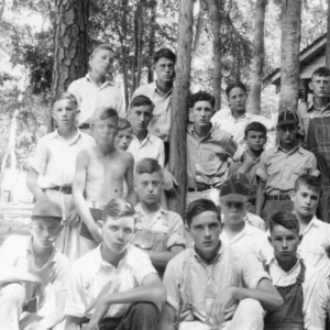 Group of 4-H Club boys from Martin and Edgecombe Counties, attending forestry lecture at Camp White Lake, summer, 1936
