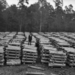 J. V. Hofmann with lumber stacks in George Watts Hill Demonstration Forest