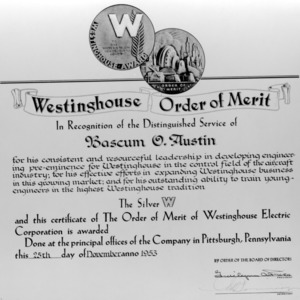 Westinghouse Order of Merit certificate awarded to Bascum O. Austin