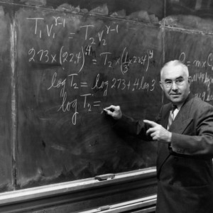Physics professor Dr. R. H. Snyder teaching at blackboard
