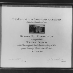 Richard Hill Robinson, Jr.'s certificate for John Motley Morehead Foundation Scholarship