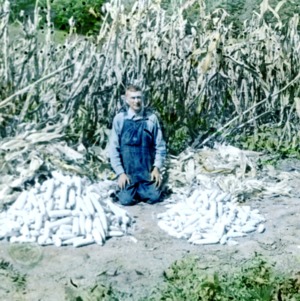 Man and two piles of corn