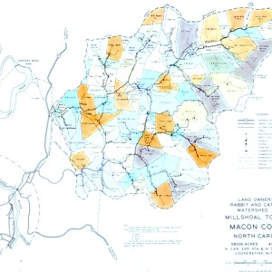 Map showing land ownership in Rabbit and Cat Creek watershed area of Millshoal Township, Macon County, NC, April 1937
