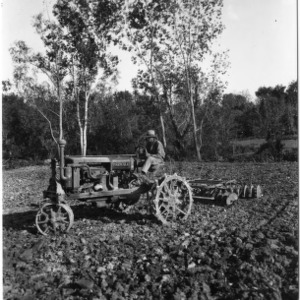 Man tilling field with Farmall tractor and tractor discs