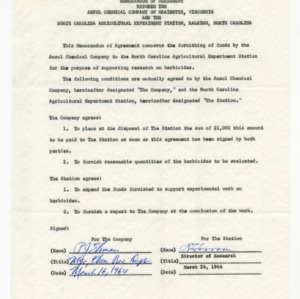 Memorandum of agreement between the Ansul Chemical Company and the North Carolina Agricultural Experiment Station, 1964