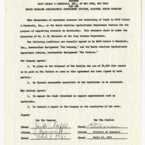 Memorandums of agreement between BASF Color and Chemicals, Inc. and the North Carolina Agricultural Experiment Station, 1965-1966