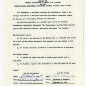 Memorandum of agreement between the Chemagro Corporation and the North Carolina Agricultural Experiment Station, 1964