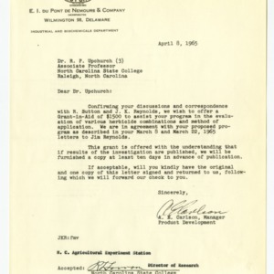 Agreement between E. I. du Pont de Nemours and Company and the North Carolina Agricultural Experiment Station, 1962-1965