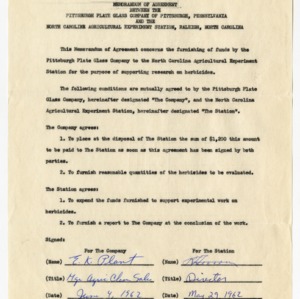 Memorandums of Agreement between the Pittsburgh Plate Class Company and the North Carolina Agricultural Experiment Station, 1962-1963